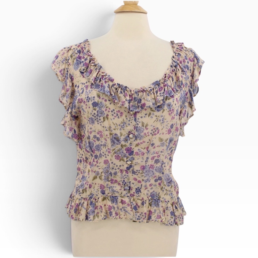 Vintage Alexander Brown Blouse Womens Medium Ruffled Floral Cap Sleeve Pull Over
